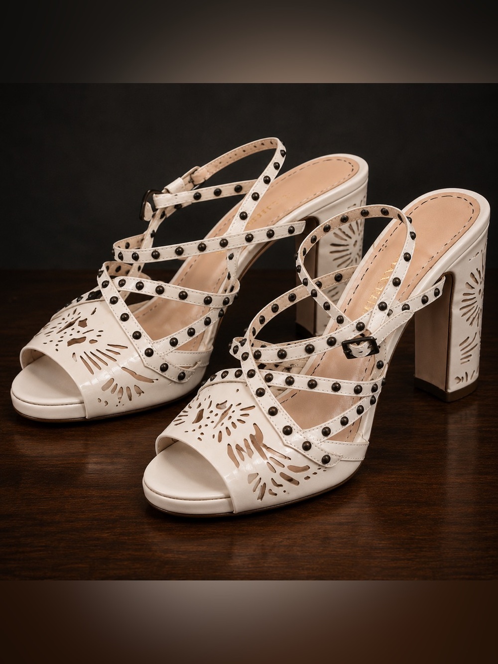 Marchesa Ivory Laser Cut Studded Leather Platform Block Heel Sandals 37